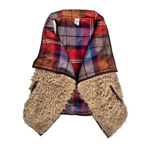 Oversized Rustic Womens Shearling Plaid Vest XS Faux Fur Shaggy Chic Horse Girl